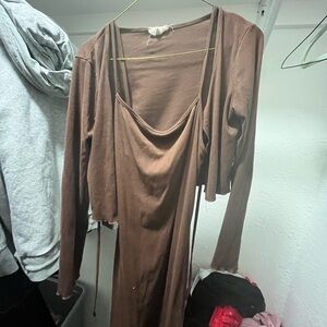 Brown Long Sleeve Dress with Cardigan